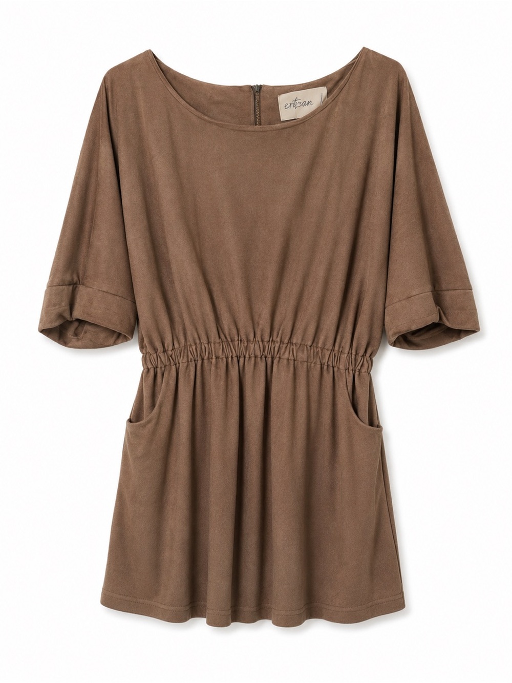 Ethereal by Paper Crane  Tan Brown Short Sleeve Waist-Elastic Tunic